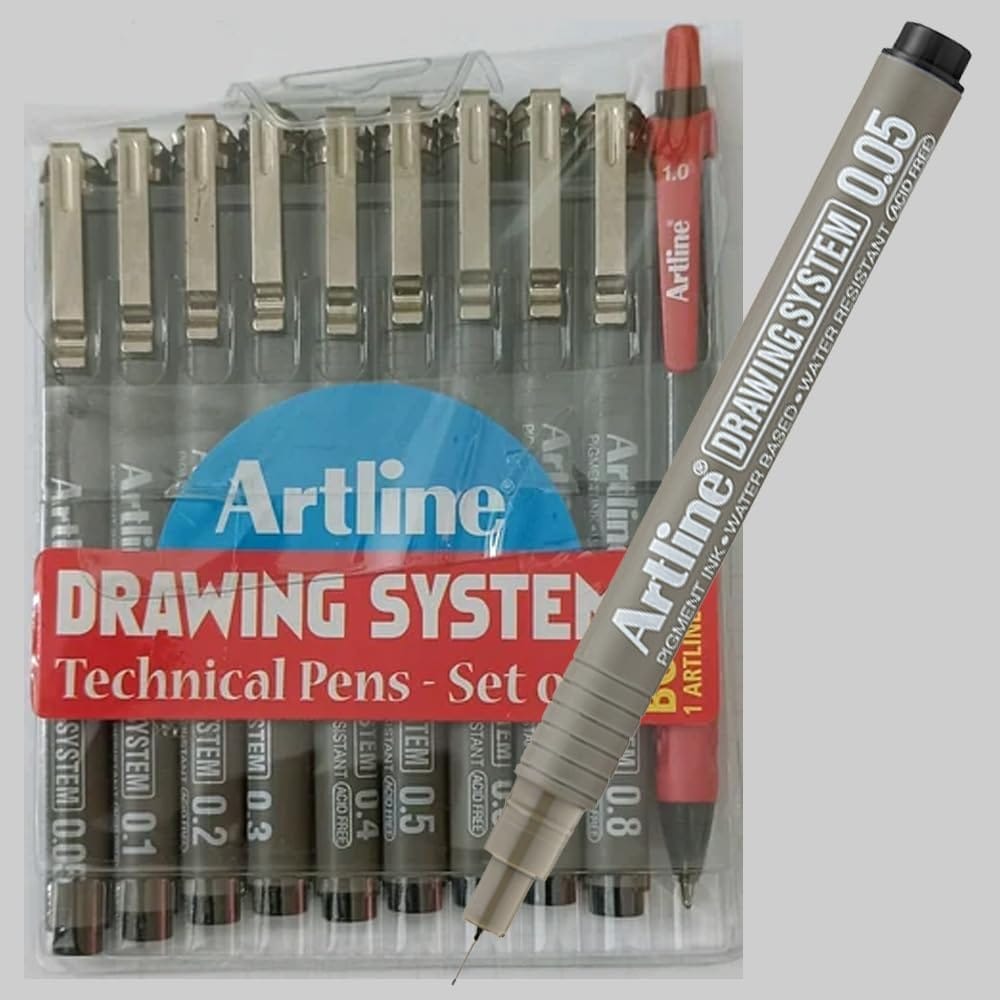 Artline Drawing System Pen Pack of 9 | Black Colour - 0.1mm, 0.2mm, 0.3mm, 0.4mm, 0.5mm, 0.6mm, 0.7mm, 0.8mm. 0.05mm Fine Tips | Technical Drawing Pens For Drafting, Illustrating & More
