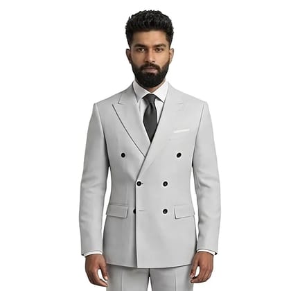 Four Silai Men's Double-Breasted Blazer, Light Grey, Polyester Blend, Slim Fit, Notch Lapel, Formal Occasion Four Silai Men's Double-Breasted Blazer, Light Grey, Polyester Blend, Slim Fit, Notch Lapel, Formal Occasion