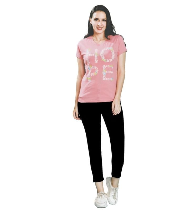 Women's Cotton Printed Round Neck T.Shirt (Pink, S)-PID54188