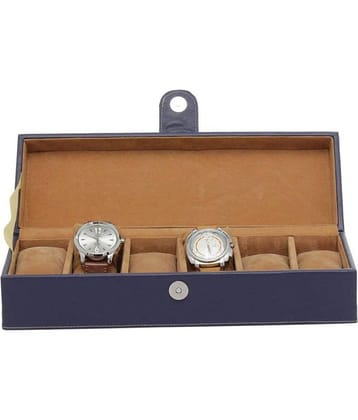 Leather World 6 Compartments Blue PU Leather Designer Watch Box Case with Clasp Closure