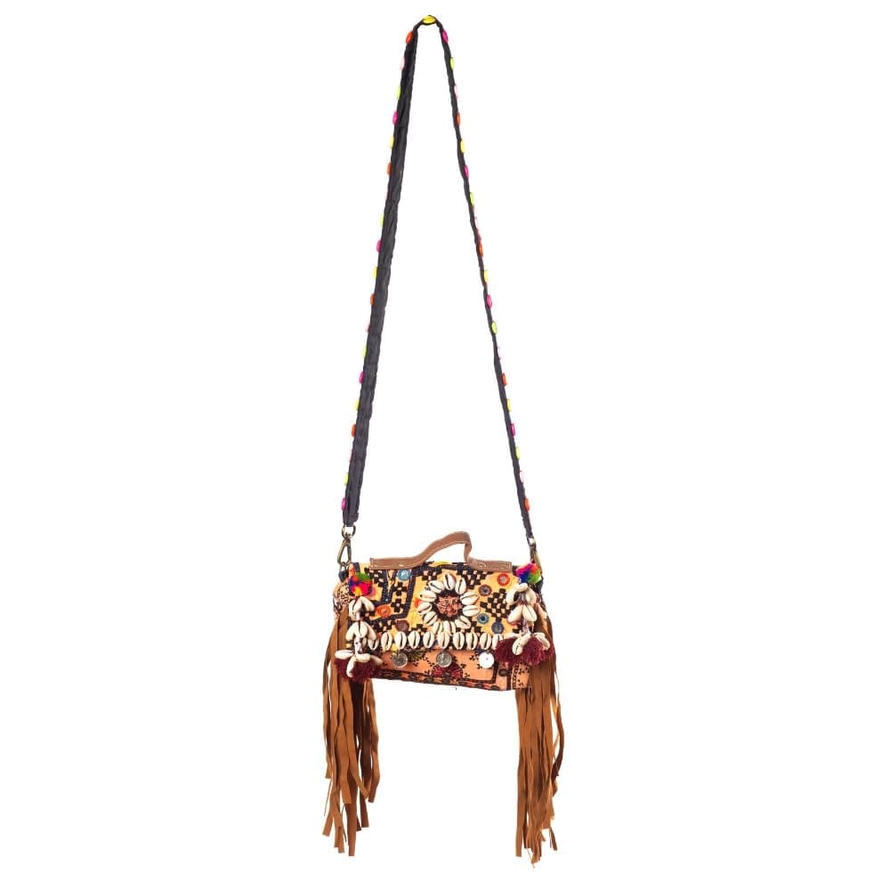 PREET SPICE Rajasthani Handwork Cross Body HandBag, Embroidered, Fringe, Cowrie Shells, Adjustable Strap Pattern for Women and Girls, Festivals or Parties