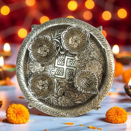 Aluminium Decorative Puja Thali with Diya | Gifting Item, Height : 1.5 Inch (ASMAS505 S)