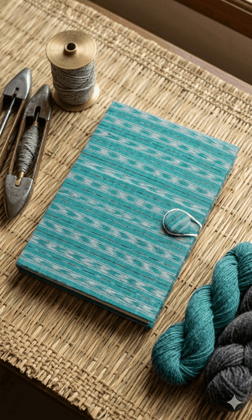 Bivabari Handloom Ikat Fabric Notebook | Teal | 50 Pages | Handmade Paper, Button Closure | Journaling Bivabari Handloom Ikat Fabric Notebook | Teal | 50 Pages | Handmade Paper, Button Closure | Journaling