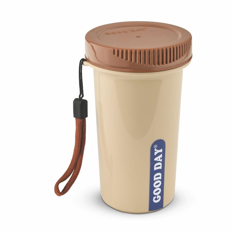 Good Day Easy Meal Tumbler with Strap & Inner Steel Glass, Reusable Travel Mug,Perfect for Coffee, Tea, and Juices (Brown)