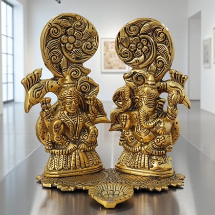 Aluminium Peacock Laxmi Ganesh Idol | Decorative Diwali Puja Statue, Height : 6.2 Inch (ASMAS432 G)