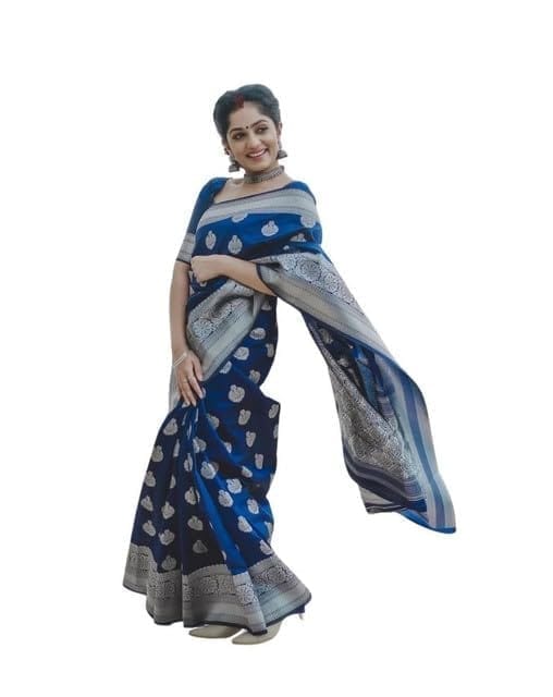 Women's Soft Lichi Silk Printed Saree With Unstitched Blouse 5.5Mtr (Blue)-PID63569