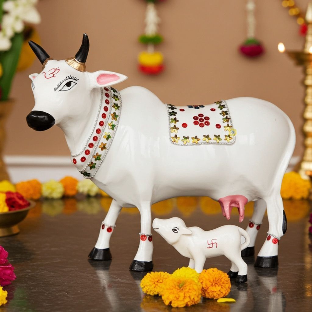 Aluminium Cow & Calf Statue � Holy Kamdhenu Showpiece, Height : 11 Inch (ASMAS248 D)