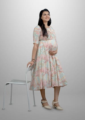 Soft Dobby Cotton Floral Frock With Designer Yoke - Half Sleeve Soft Dobby Cotton Floral Frock With Designer Yoke - Half Sleeve