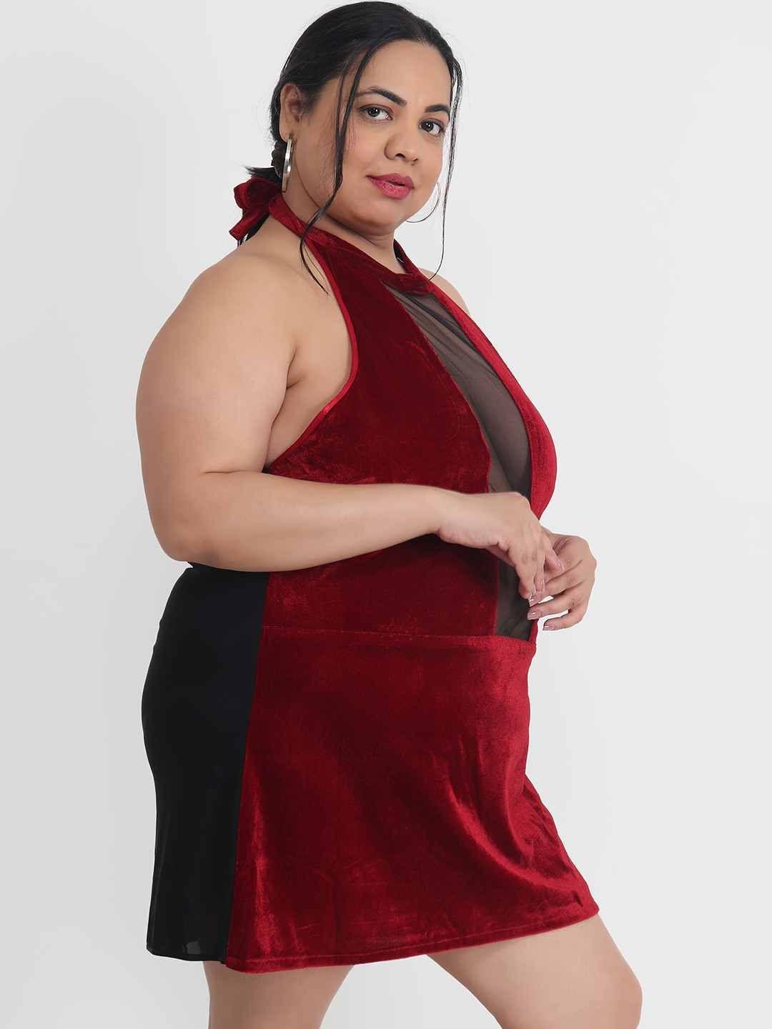 Plus Size Hot Net and Velvet Babydoll Bikini Dress for Honeymoon BB8M