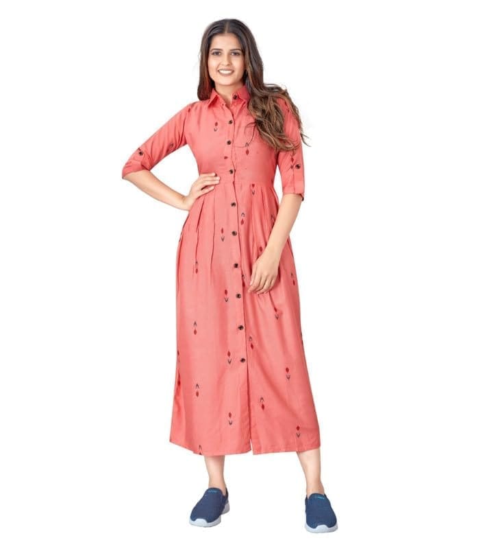 Women's Casual 3/4th Sleeve Printed Rayon Kurti (Peach, L)-PID46179