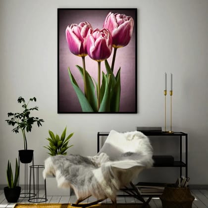 Luminary Blush Trio – Pastel Tulip Poise Museum-Quality Cotton Canvas Art for Bedroom Décor | Frame Size (69 X 97 Cm) | Frame Type (Black) | 5-Year Warranty