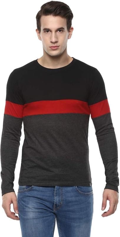 Men's Casual Colorblock Polyester Round Neck T-Shirt (Multicolor, L)-PID47771
