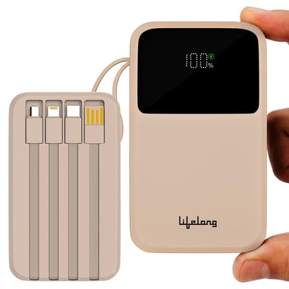 Lifelong Electronics 10000mAh 22.5W Fast Charging Power Bank | 3 Inputs (1 Built-in USB A Cable + 1 C + 1 Lightning Port) & 6 Outputs (3 Built-in Cables + 1 C + 2 A Port) | Small Pocket Size Powerbank Lifelong Electronics 10000mAh 22.5W Fast Charging Pow