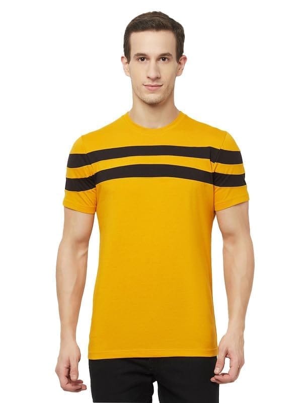 Men's Casual Striped Cotton Blend Round Neck T-Shirt (Yellow & Black, M)-PID47800