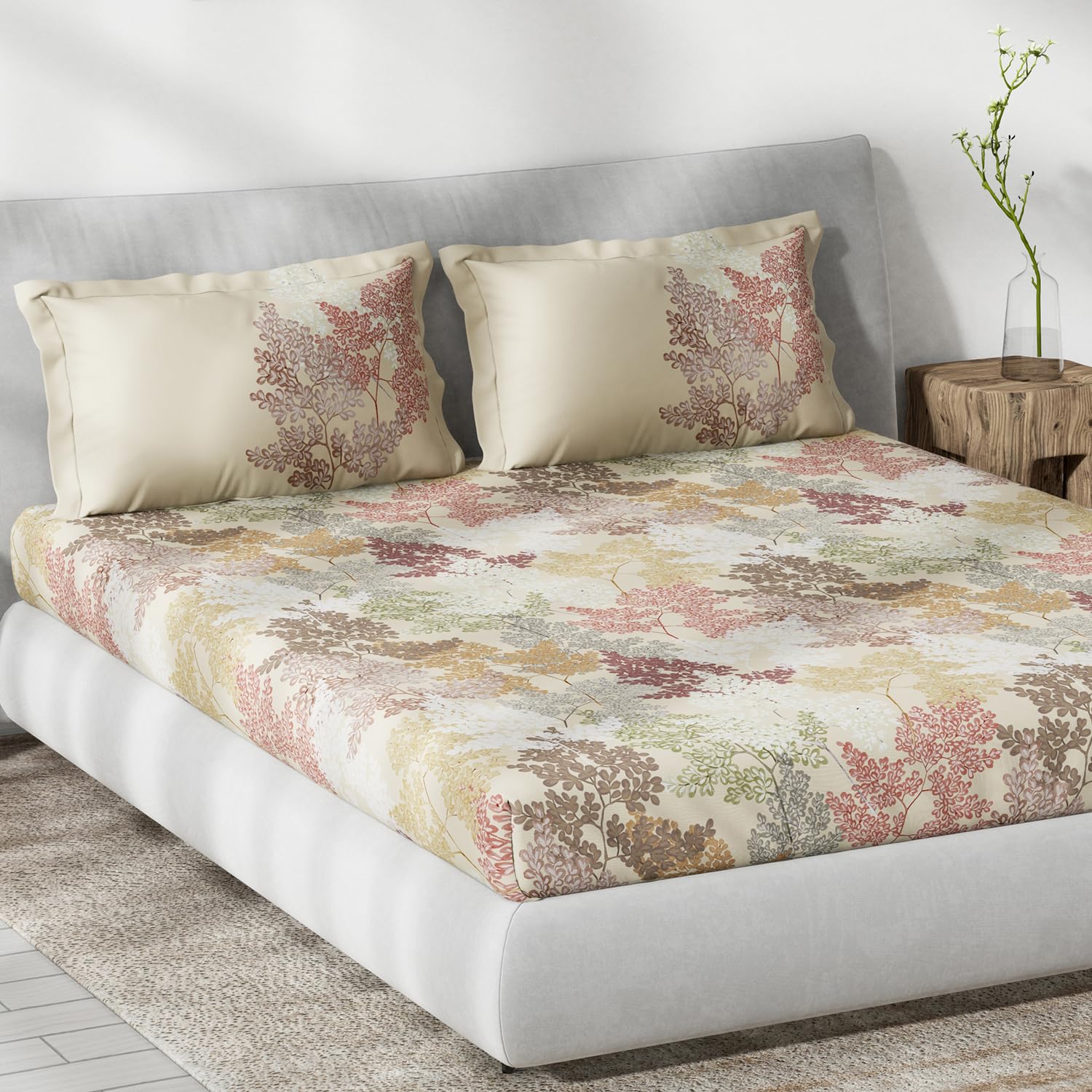 DDECOR - Primary Collection 100% Cotton Leaves Pattern 145TC King Bedsheet |229 CM X 274 CM| with 2 Pillow Covers - Beige
