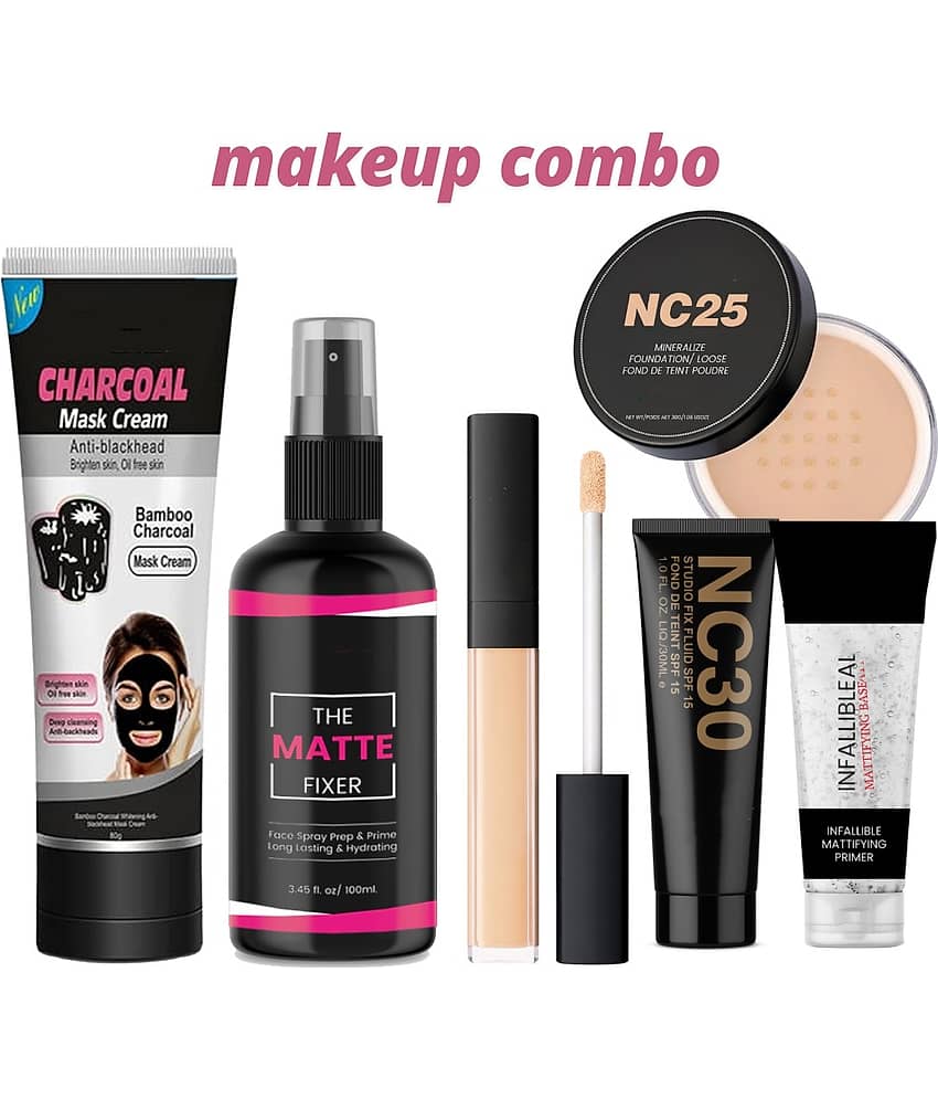 Swenky Combo Of Fixer Primer Foundation Loose Powder Concealer & Charcoal Face Mask (Pack of 6)