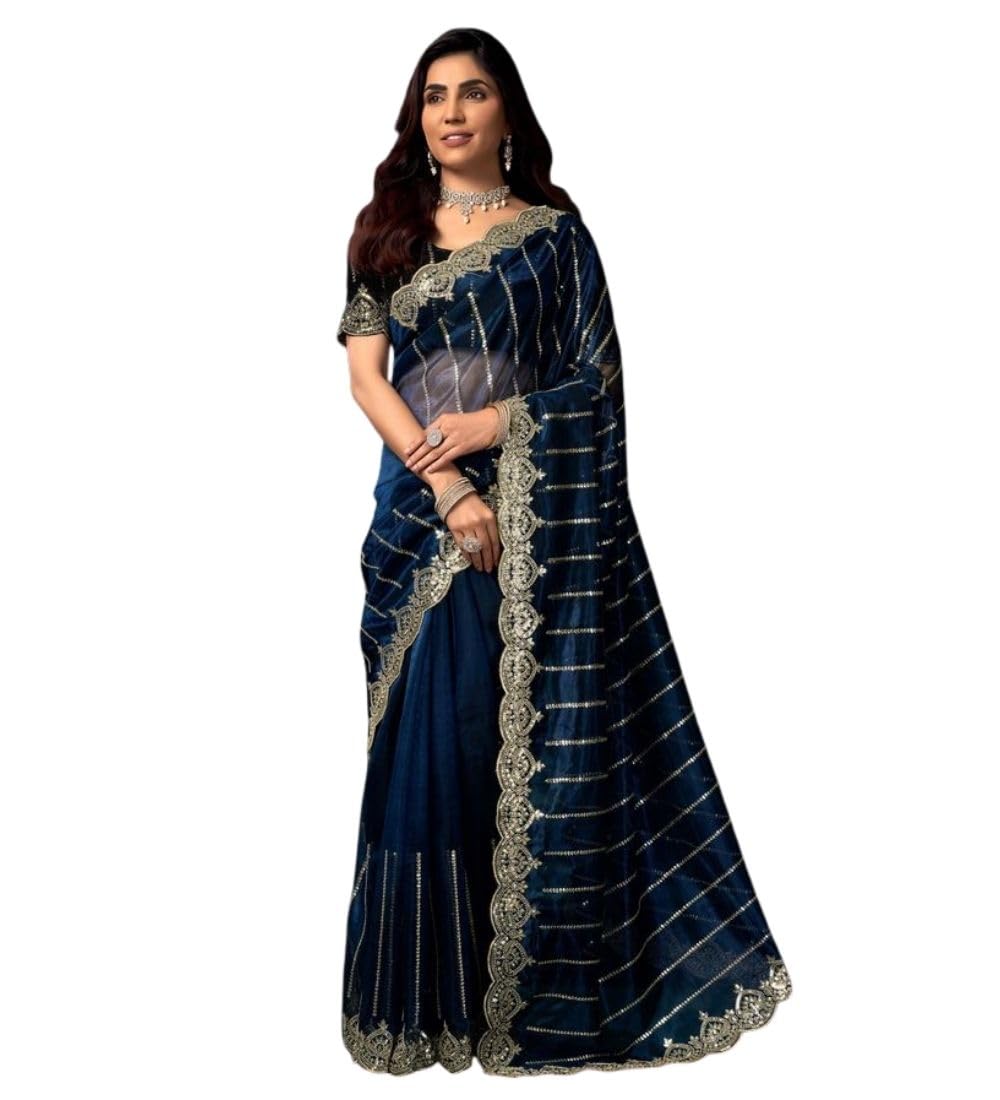 Women's Net Sequence Saree With Unstitched Blouse 5.5Mtr (Blue)-PID65951