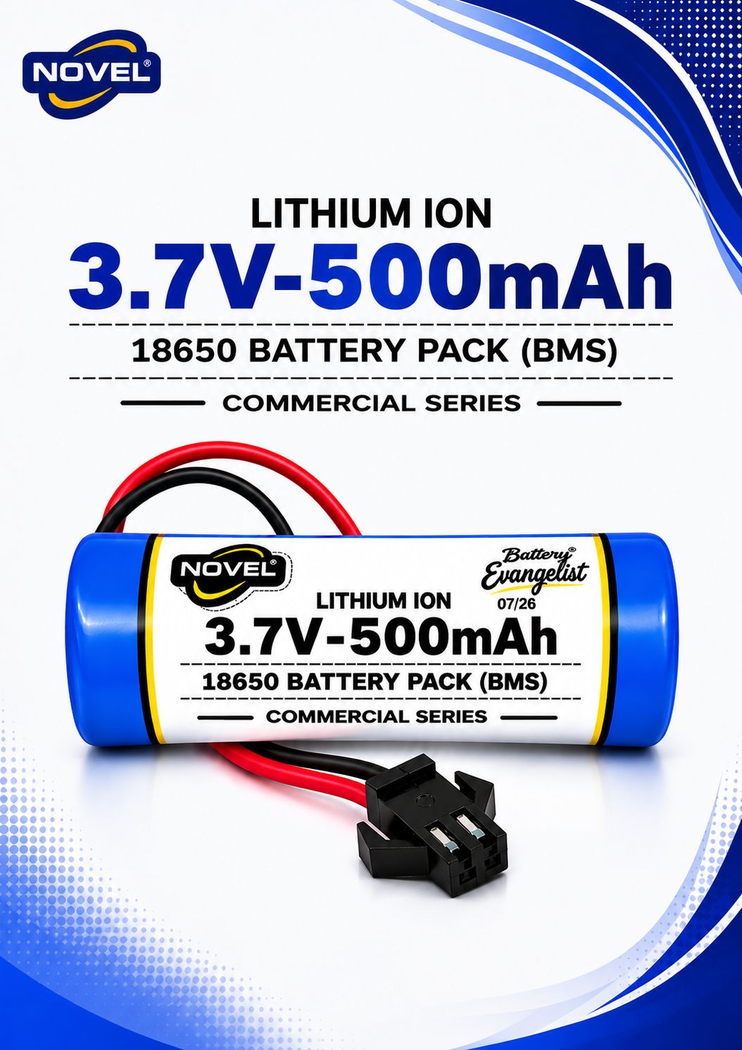 NOVEL 3.7V 18650 LITHIUM ION SM PIN BATTERY WITH CHARGING CABLE- 500mAh