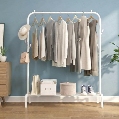 Metal Garment Rack with Bottom Storage Shelf & 4 Side Hooks