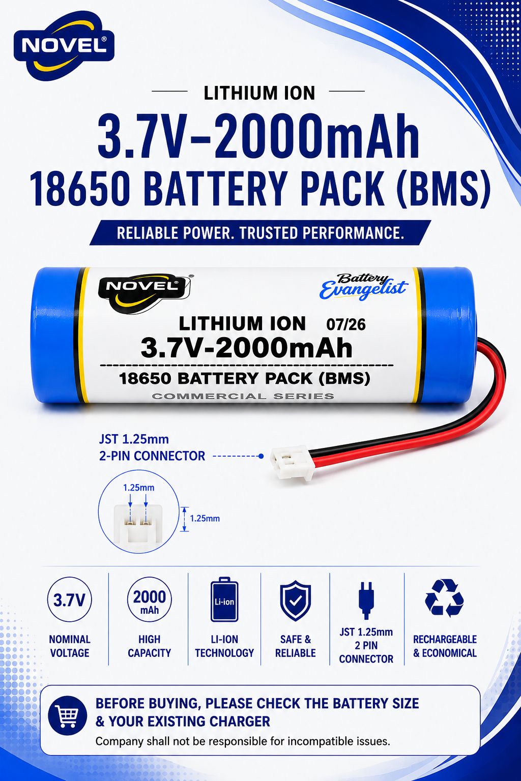 NOVEL 3.7V 18650 BMS LITHIUM ION BATTERY WITH JST 1.25mm PIN- 2000mAh
