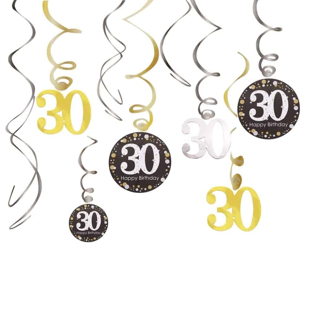 Happy 30th Birthday Swirl Cutouts for Hanging Decor - 12PC