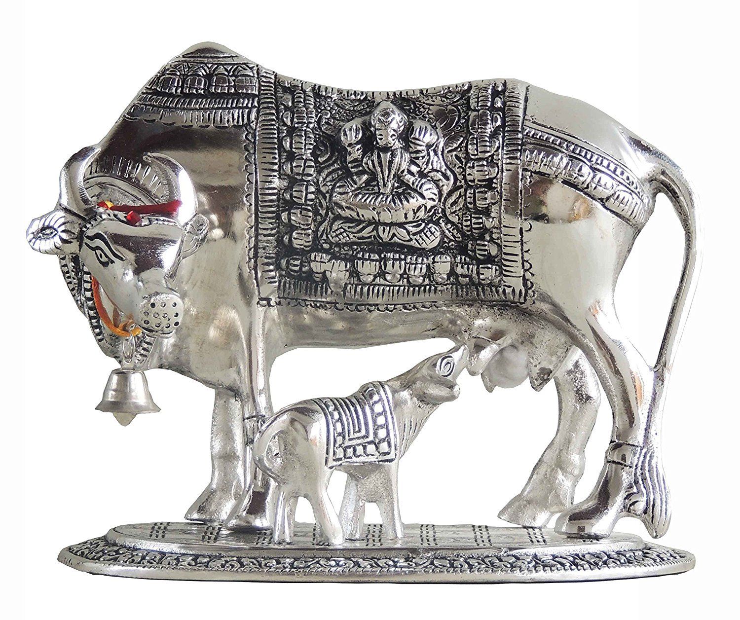 DreamKraft Metal Kamdhenu Cow And Calf Statue, Standard, Silver, 1 Piece