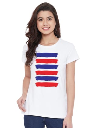 Women's Cotton Blend Purple And Red Lines Printed T-Shirt L (White)