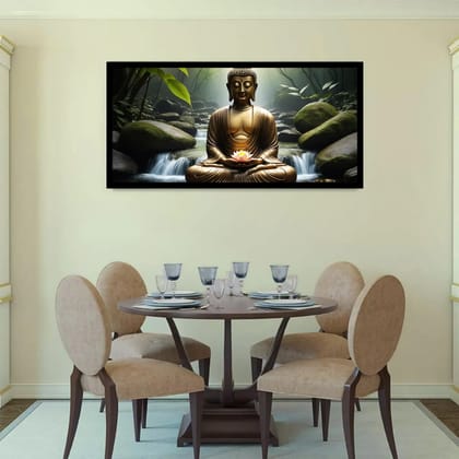 Luminary Crimson Serenity – Modern Aura Buddha Museum-Quality Cotton Canvas Art for Dining Space Décor | Frame Size (127 X 69 Cm) | Frame Type (Black) | 5-Year Warranty