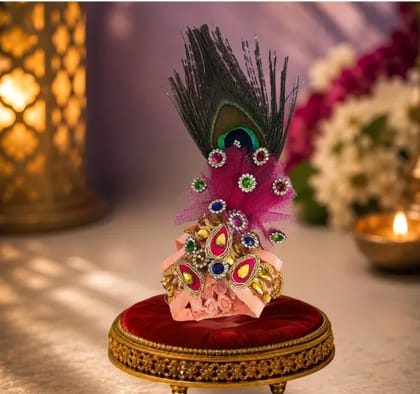 Patitapaban Pink Laddu Gopal Pagdi | Crown with Peacock Feather | Head Dress (Feather, Net, Silk)