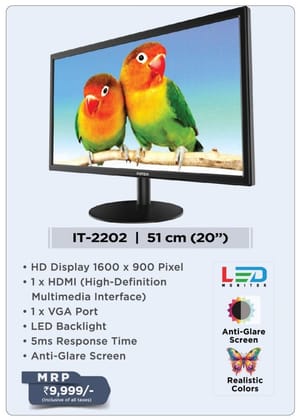 Intex 50.8 cm (20 inch) HD LED Backlit IPS Panel Monitor (IT-2202) with 5 ms Response Time, 60 Hz Refresh Rate, Anti-Glare Screen, High Brightness, Realistic Colors for Enhanced Viewing Experience