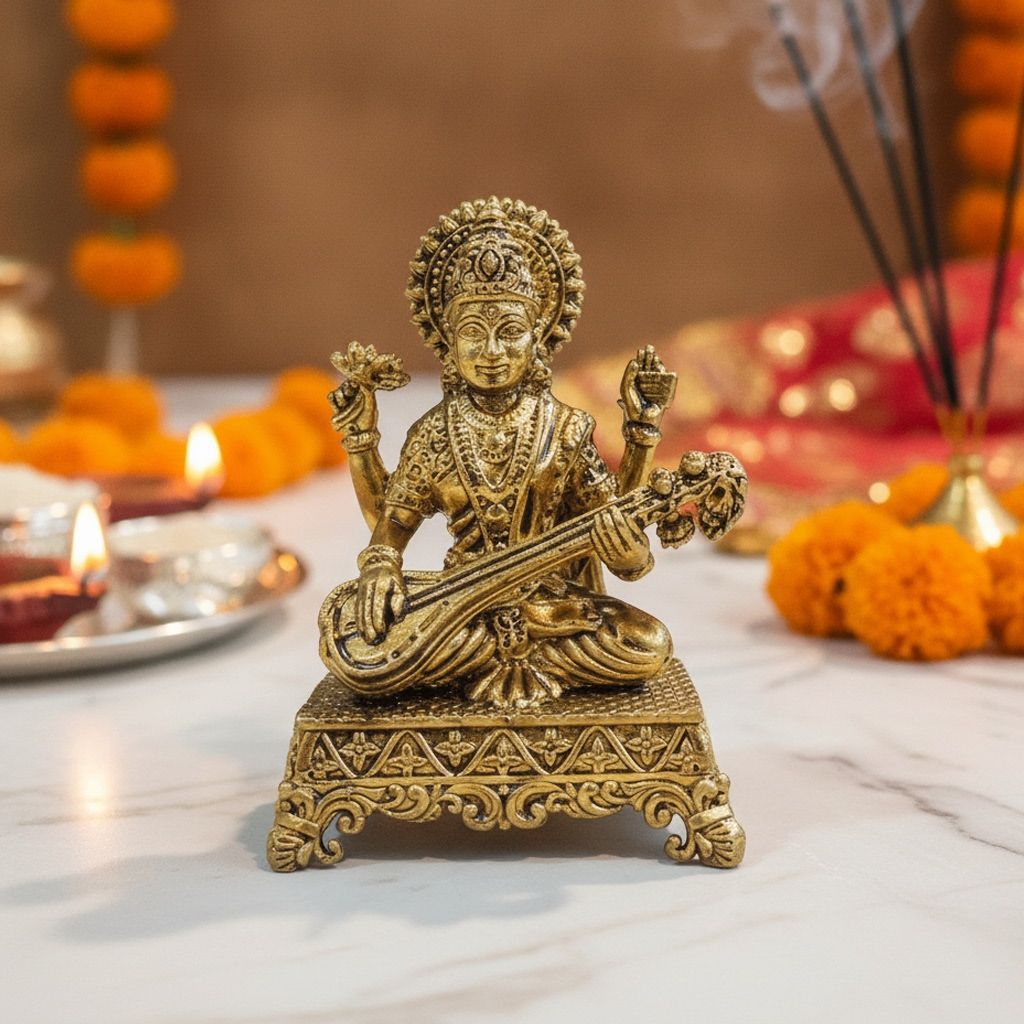 Brass Saraswati Ji Idol Statue, Small Size for Pooja Room, Height : 2.7 Inch (BSMAS1920 G)