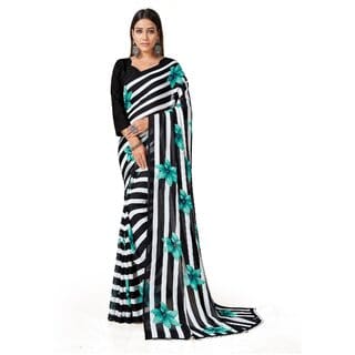 SVB Sarees Womens Black Colour Stripped Pure Georgette Flower Printed Saree With Blouse Piece