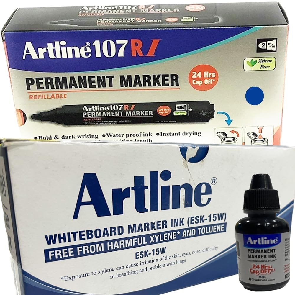 Artline 107RI Permanent Marker with ESK 15 Refillable Ink Pack of 10 (Blue Colour) | For Artists, Professionals, & Students