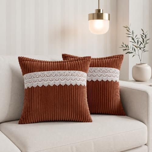 RD TREND Cushion Cover 16 Inch x 16 Inch | Decorative Lace Trim with Corduroy Double-Sided Striped Sofa Pillow 2