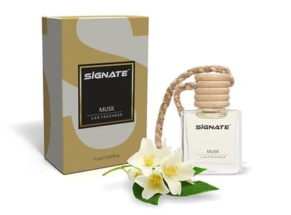 Signate Car Perfume with Natural Fragrance Essential Oils | Car Air Fresheners Long Lasting Upto 90 Days | Hanging Pod in Glass Bottle with Wooden Diffuser Lid  15ml (Musk)