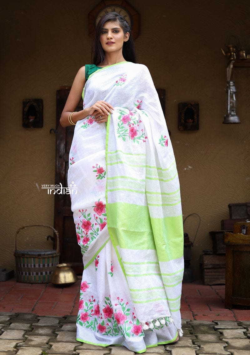 Utsaav ~ Pure Handmade Linen in White with  Beautiful Floral Digital Printing