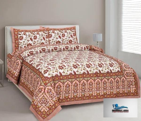 3001-Hometrade India-Standard King Size (90*108 Inches)-Buy Pure Cotton Jaipuri Printed Flat King Size Double Bedsheet With 2 Matching Pillow Cover