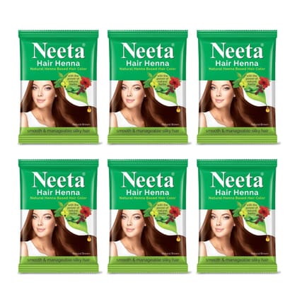 Neeta Hair Henna Powder Hair Color with 5 Herbs Natural Brown 50gm Pack of 6, Ammonia Free Hair Colour for Women & Men