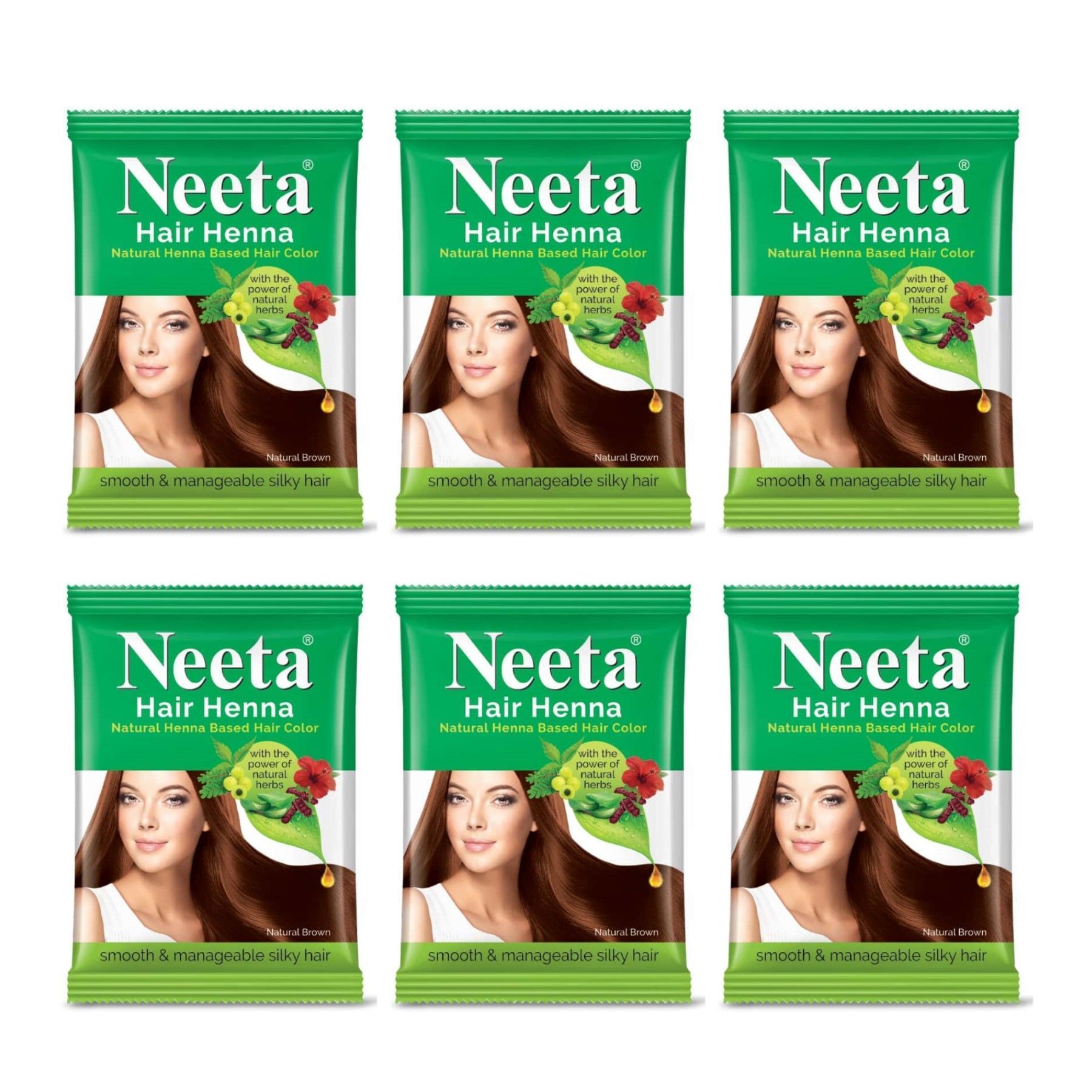 Neeta Hair Henna Powder Hair Color with 5 Herbs Natural Brown 50gm Pack of 6, Ammonia Free Hair Colour for Women & Men