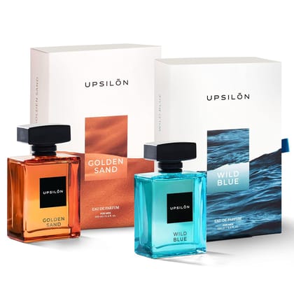 UPSILON Combo of Wild Blue & Golden Sand Eau De Parfum Premium Long Lasting Fresh & Powerful Fragrance Spray Travel Friendly Luxury Parfum Scent | Men’s Perfume | Each 100ml - Pack Of 2 UPSILON Combo of Wild Blue & Golden Sand Eau De Parfum Premium Long Lasting Fresh & Powerful Fragrance Spray Travel Friendly Luxury Parfum Scent | Men’s Perfume | Each 100ml - Pack Of 2