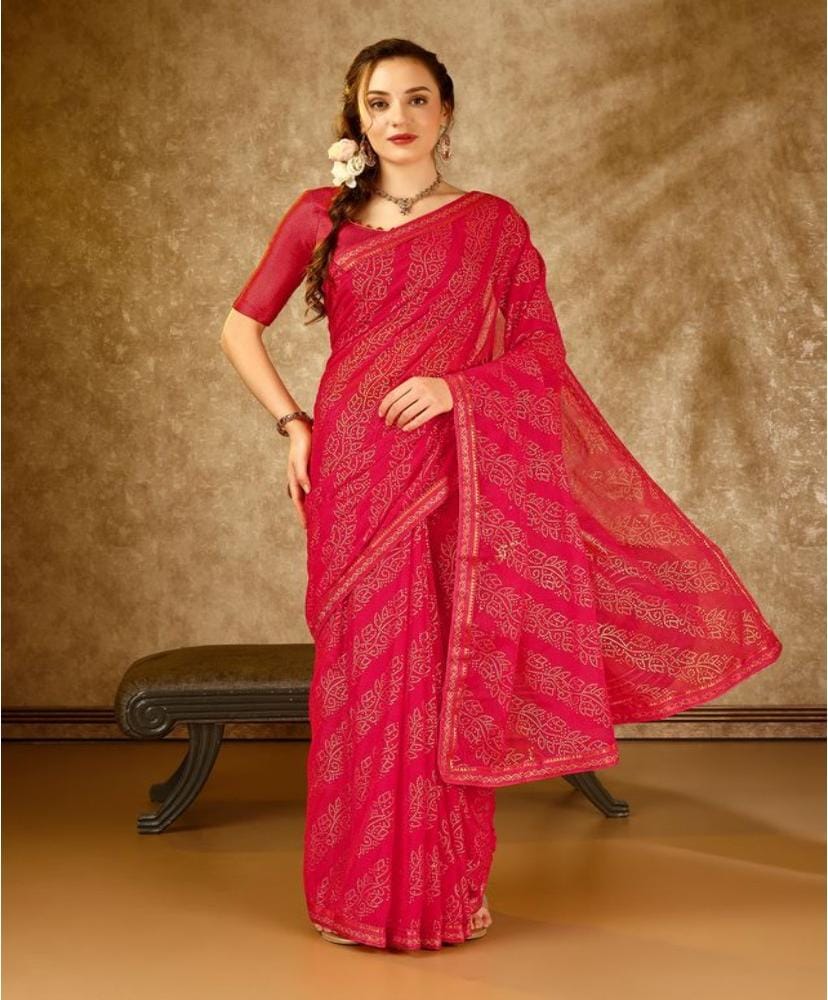 Women's Zomto Bandhani Saree with Unstitched Blouse (Pink, 5-6 Mtrs)
