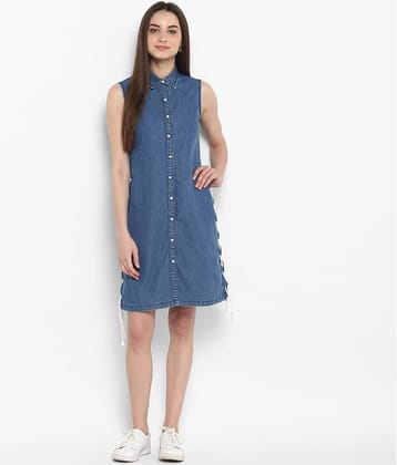 StyleStone Women Denim Fit & Flare Dress ( Blue )