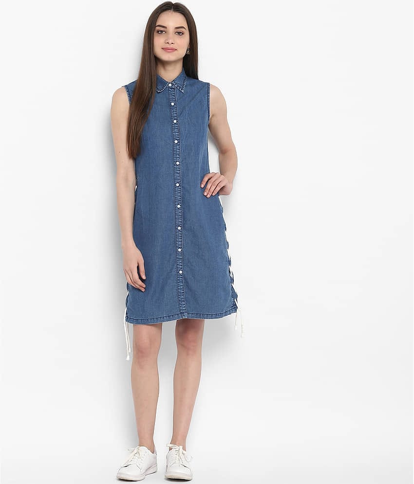 StyleStone Women Denim Fit & Flare Dress ( Blue )