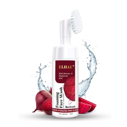 ELHAE Beetroot Gentle Foaming Face Wash with Built In Brush for Deep Cleansing with Hyaluronic Acid for Hydrated Pink Glow - 150ml | Gently Cleanses, Hydrates & Soothes Skin | Safe for All Skin Types