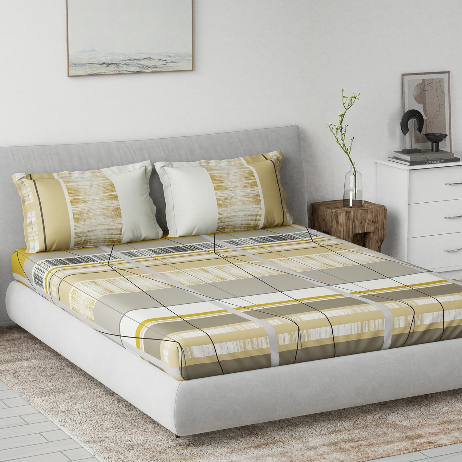 DDECOR - Primary Collection 100% Cotton Contemporary Pattern 145TC King Bedsheet |229 CM X 274 CM| with 2 Pillow Covers - Yellow
