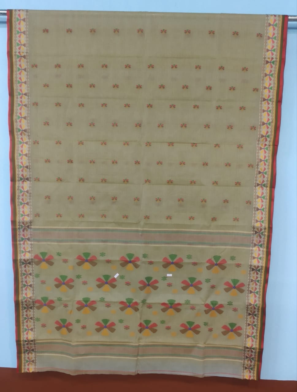 Bengal Floral Border Beige  Cotton Tangail Saree