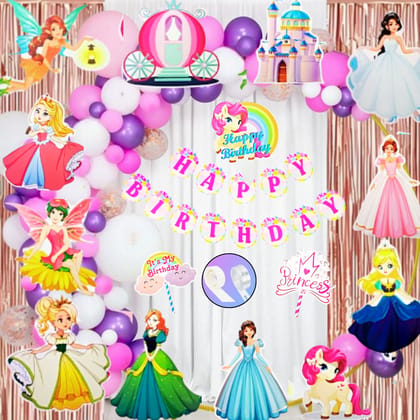 Princess Theme Happy Birthday Balloon Garland & Banner Comobo -  Set of 71PC