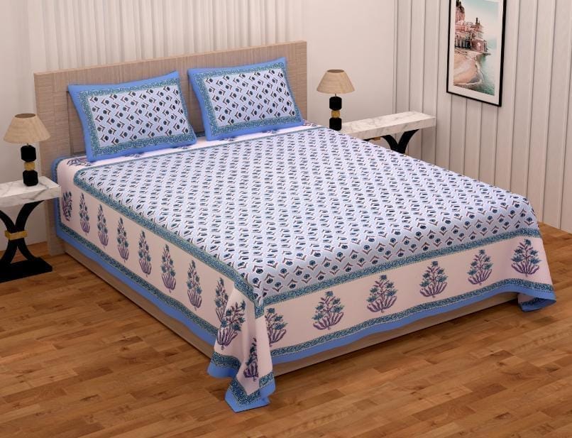 3001-Hometrade India-Standard King Size (90*108 Inches)-Pure Cotton Jaipuri Double Bedsheet With Matching Pillow Cover