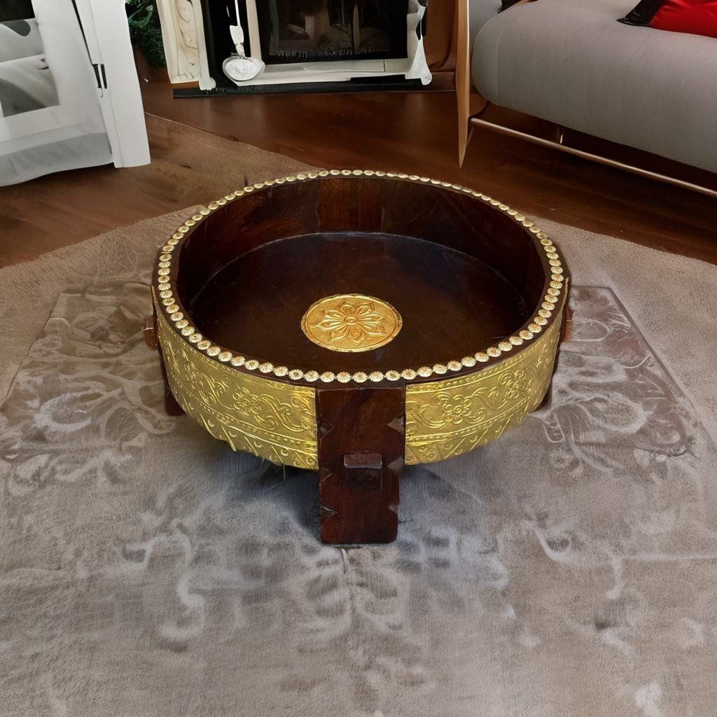 Brass Embossed Wooden Chakki Table-BAANMATA INTERNATIONAL