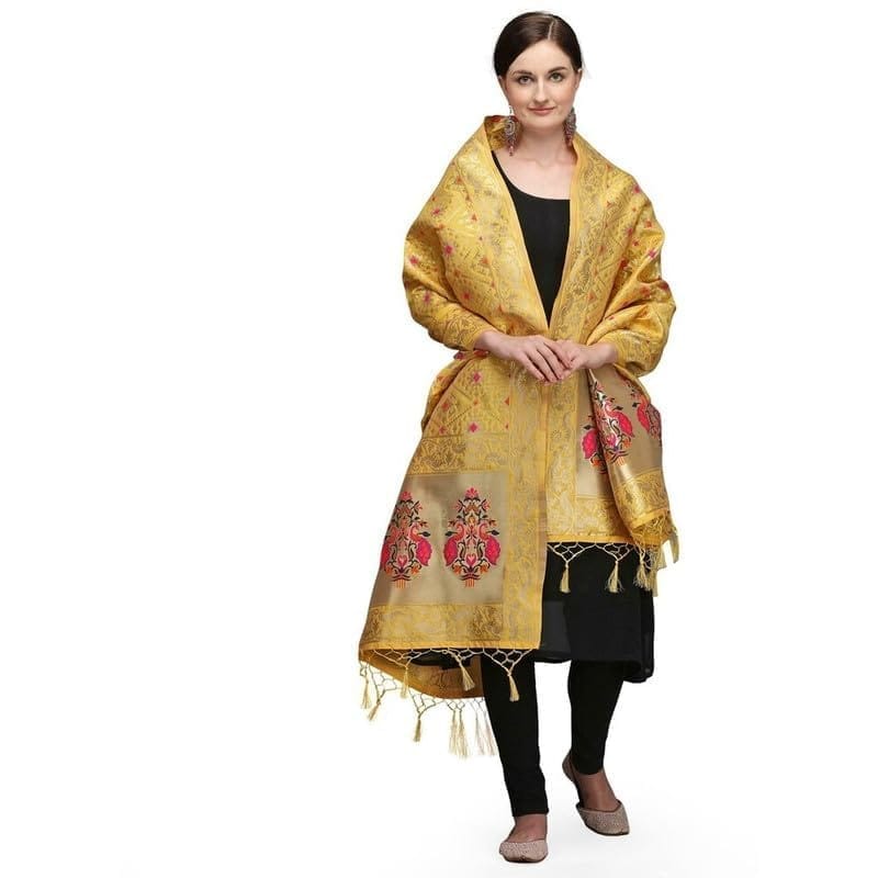 Women's Silk Pure Zari weaving Duppatta (Mustard Yellow, Leangth: 2-2.3 Mtrs)-PID44899
